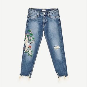 Zara Mid-Rise Embroidered Boyfriend Jeans